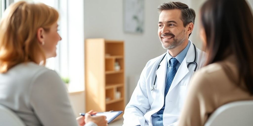 Doctor talks with patient in clinic.