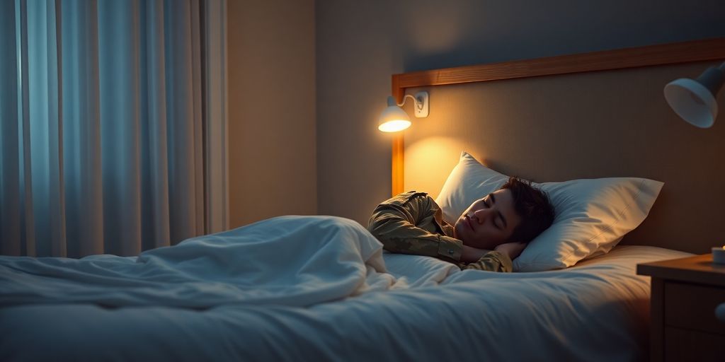 Soldier in a calm bedroom, preparing to sleep peacefully.