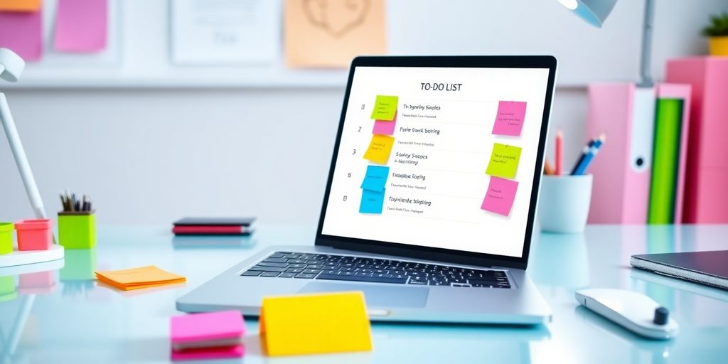 Schreibtisch mit Laptop und bunten Notizzetteln.
