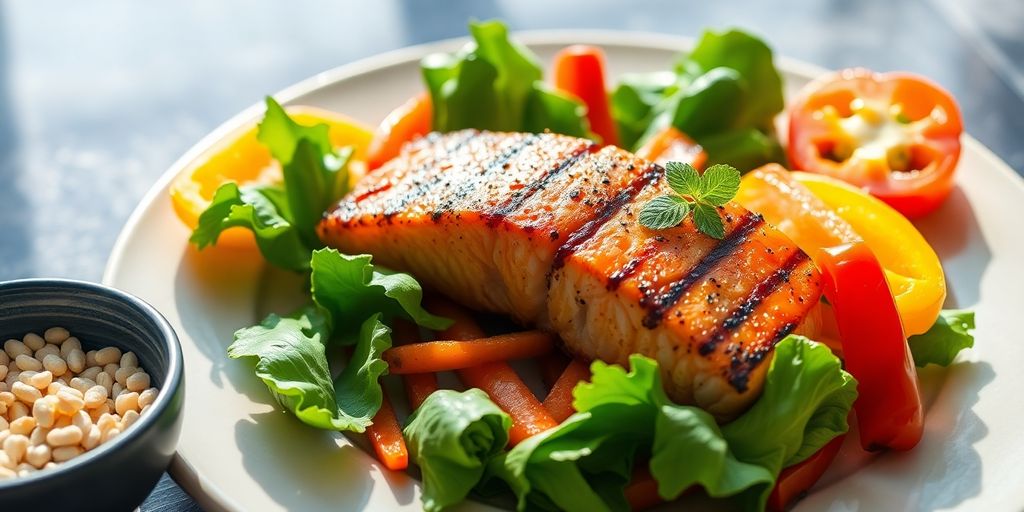 Colorful veggies, lean protein on plate.