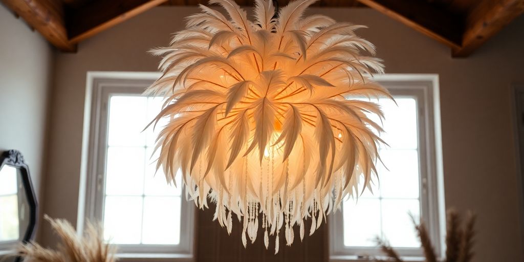 Elegant feather chandelier in a bohemian-style room.
