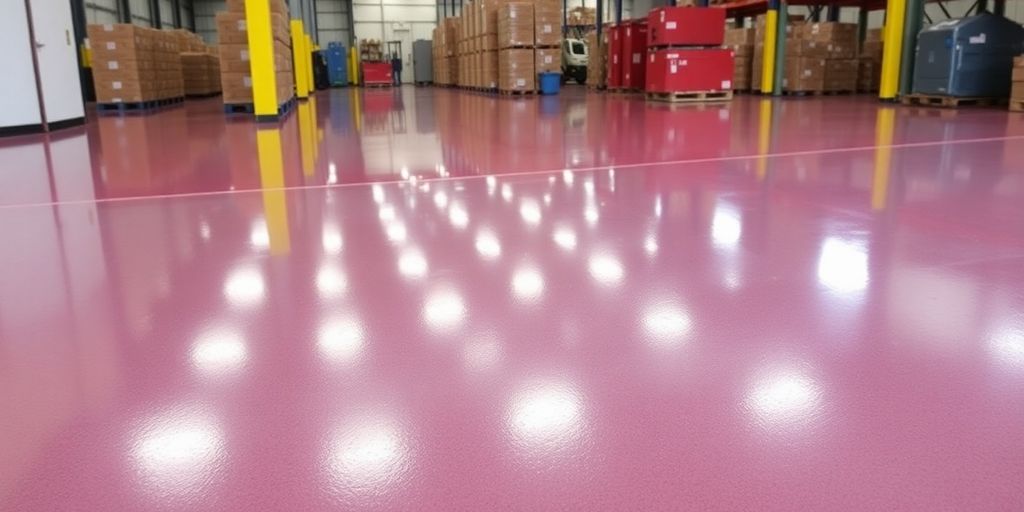 Glossy epoxy floor in a spacious warehouse setting.