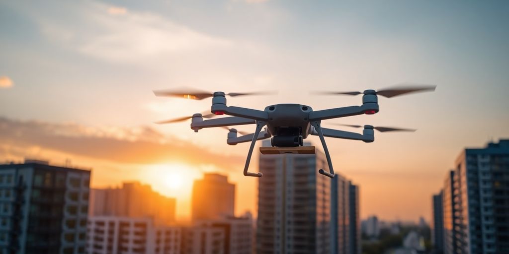 Drone livrant un colis au-dessus d'une ville moderne.