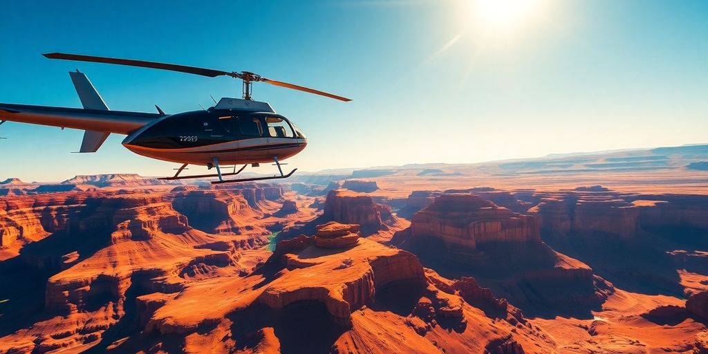 A helicopter flies over the dramatic red rock canyons of Moab.