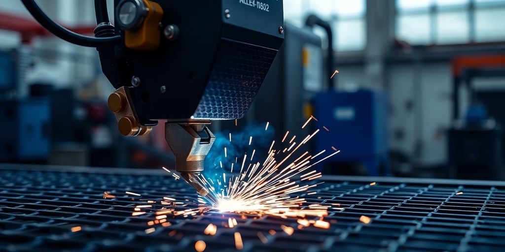Close-up of advanced mesh welding equipment in action.