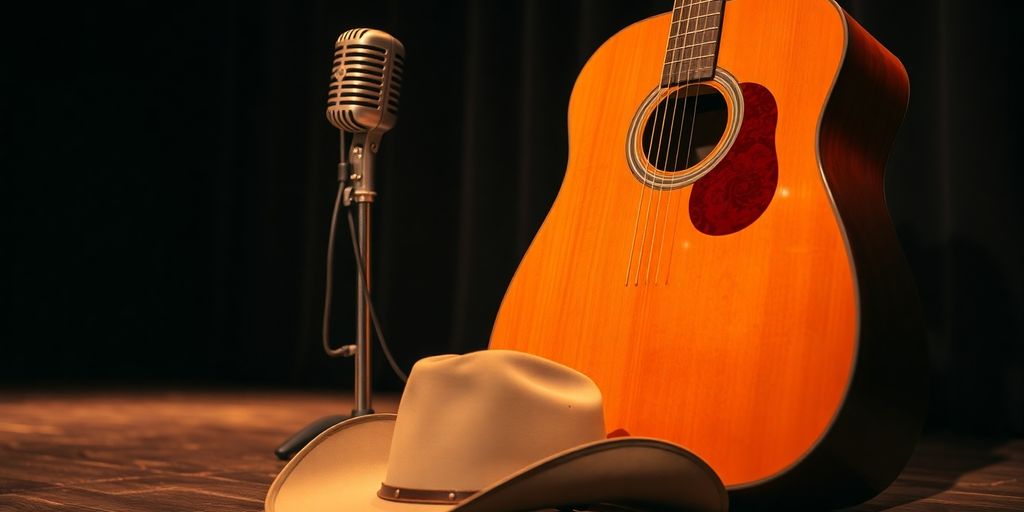 Vintage guitar, microphone, and cowboy hat on stage.