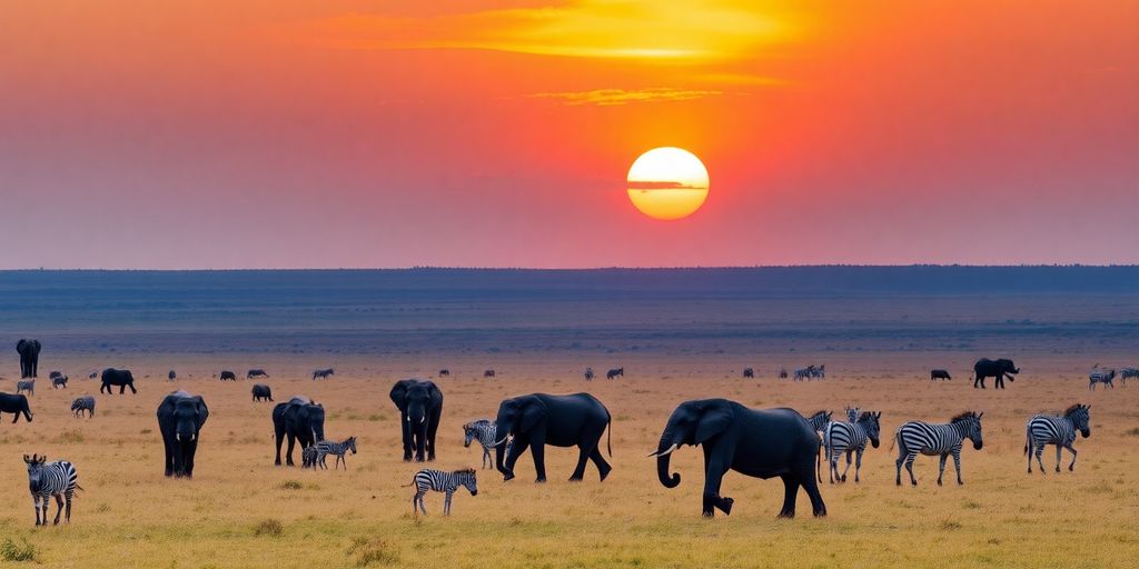Kenyan wildlife in a sunset savanna landscape.