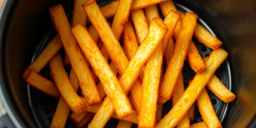 Golden brown chicken fries in an air fryer basket.