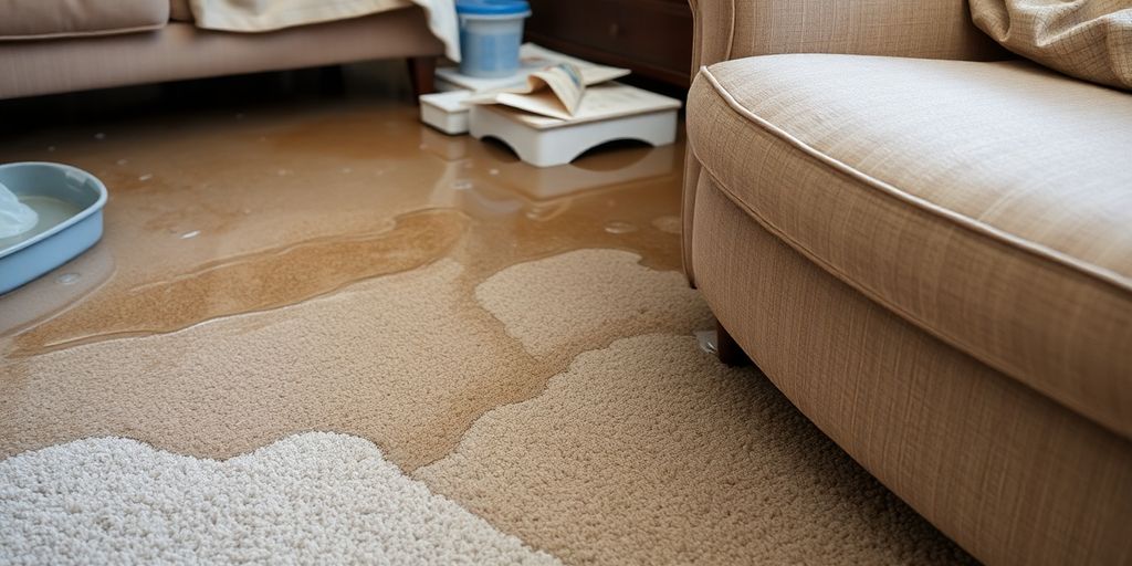 Water-damaged furniture and carpets needing restoration.