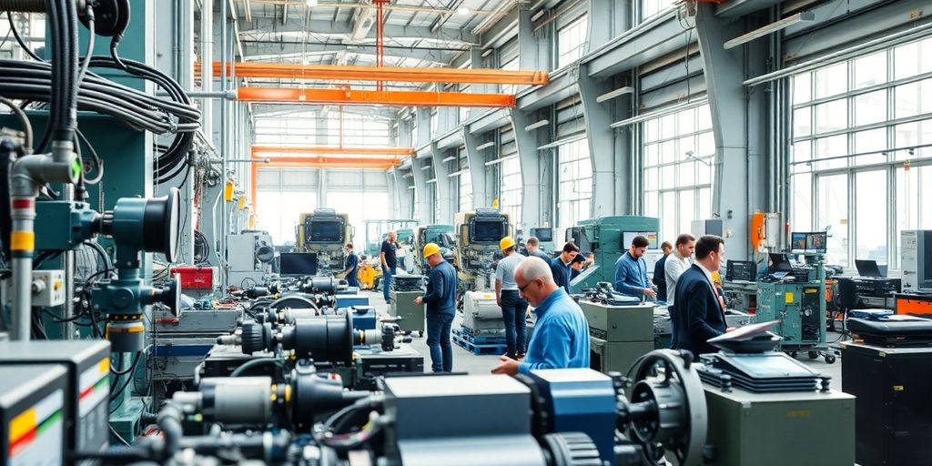 Tehnološka scena u Srbiji sa radnicima i mašinama.