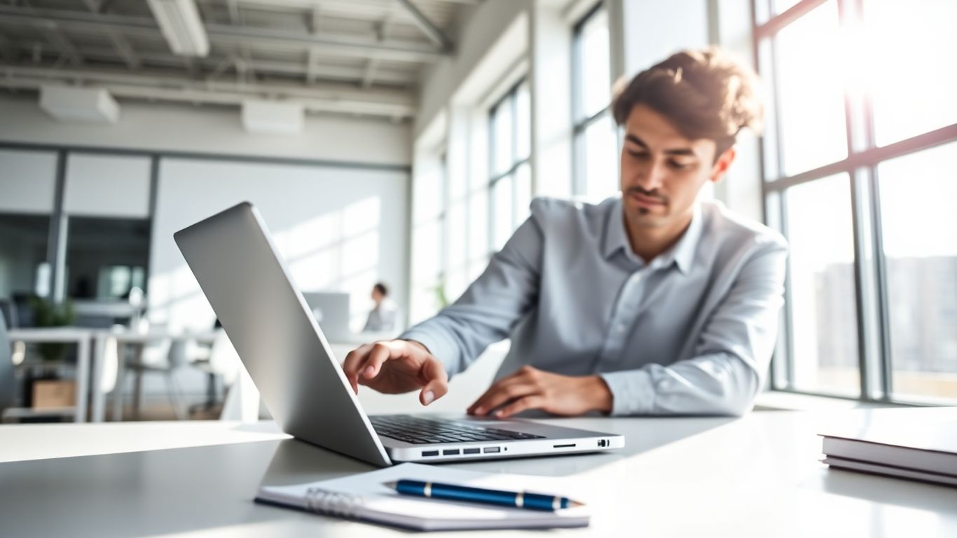 Person using a laptop in a bright office.