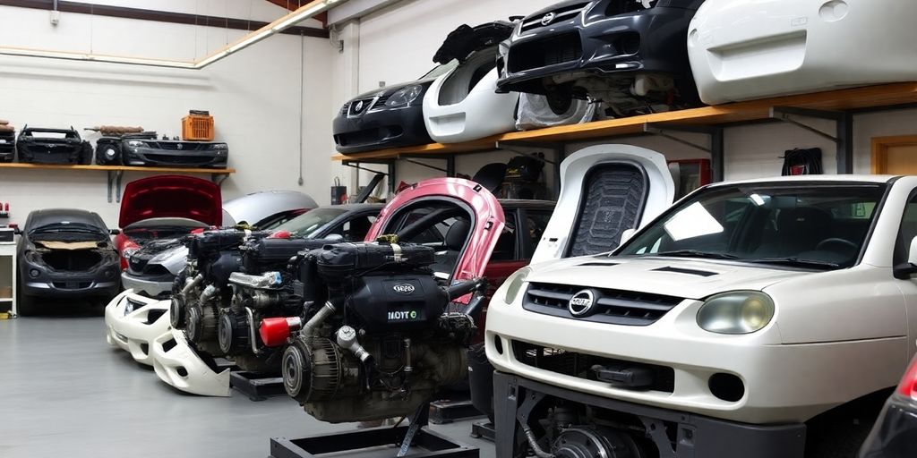 Nissan vehicle parts arranged neatly.