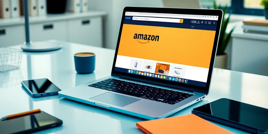 Laptop showing Amazon affiliate site on a modern desk.