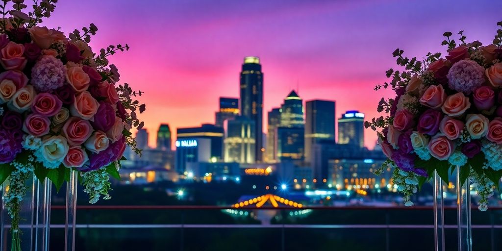 Dallas skyline with wedding elements.