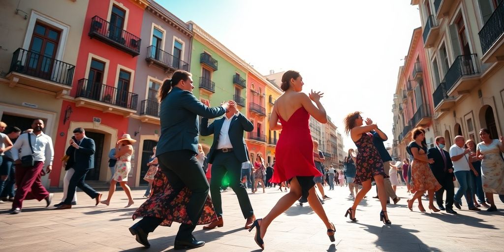 Vibrant tango dancers in Buenos Aires street.