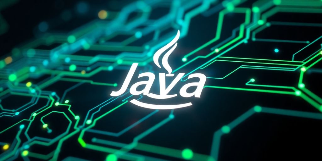 Java logo with futuristic glowing circuits.
