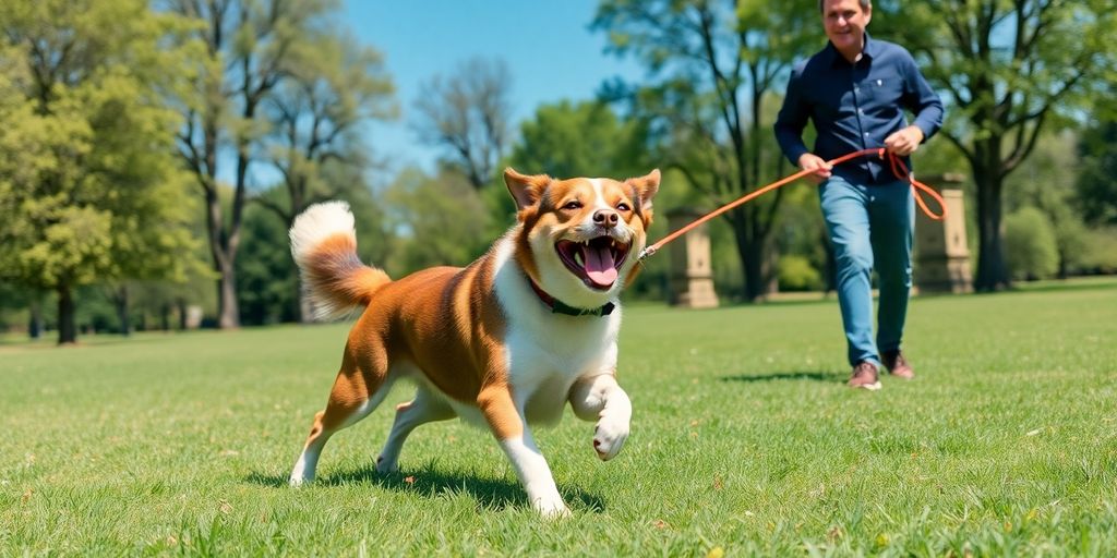 Dog running freely in a green park with owner.