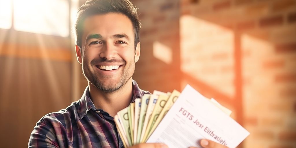 Homem sorri, segurando dinheiro e documentos.