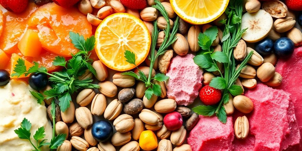 Fresh fruits, herbs, and nuts for gelato ingredients.