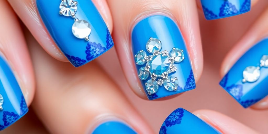 Unhas azuis decoradas com pedras brilhantes.