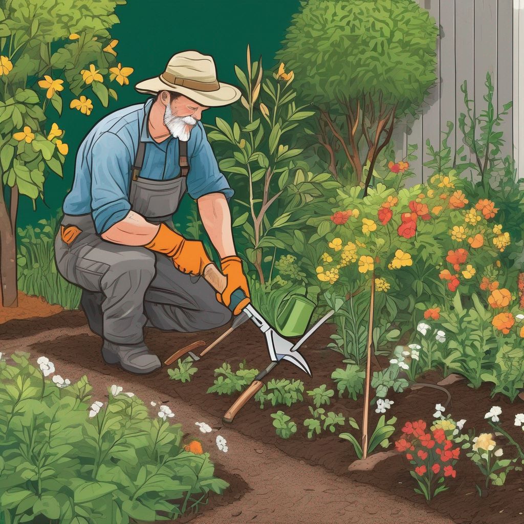 gardener using hand tools for pruning, digging, and weeding in a tidy garden
