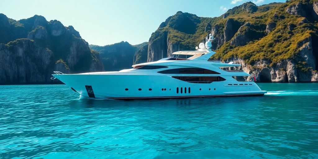 Luxurious superyacht sailing in a tropical paradise.