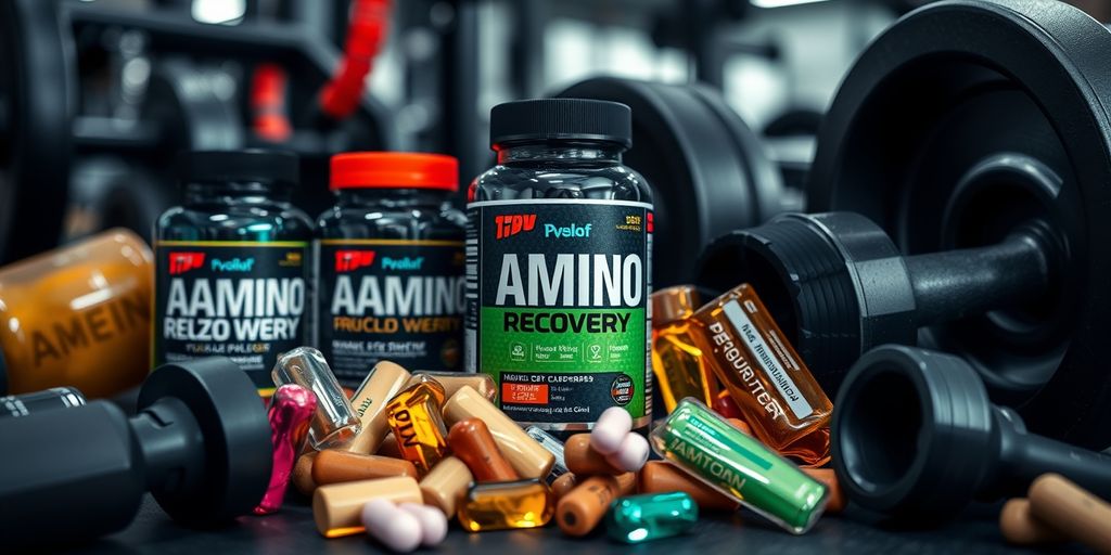 Colorful amino acid supplements with gym equipment.