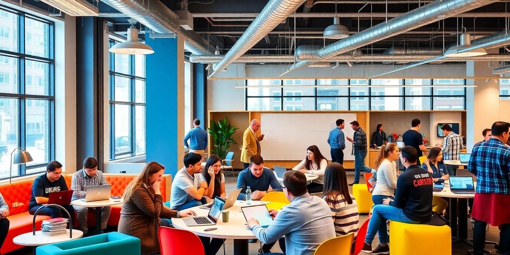 Diverse entrepreneurs collaborating in a dynamic workspace.
