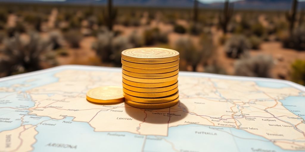 Sun-drenched desert with stacked gold coins, Arizona map.