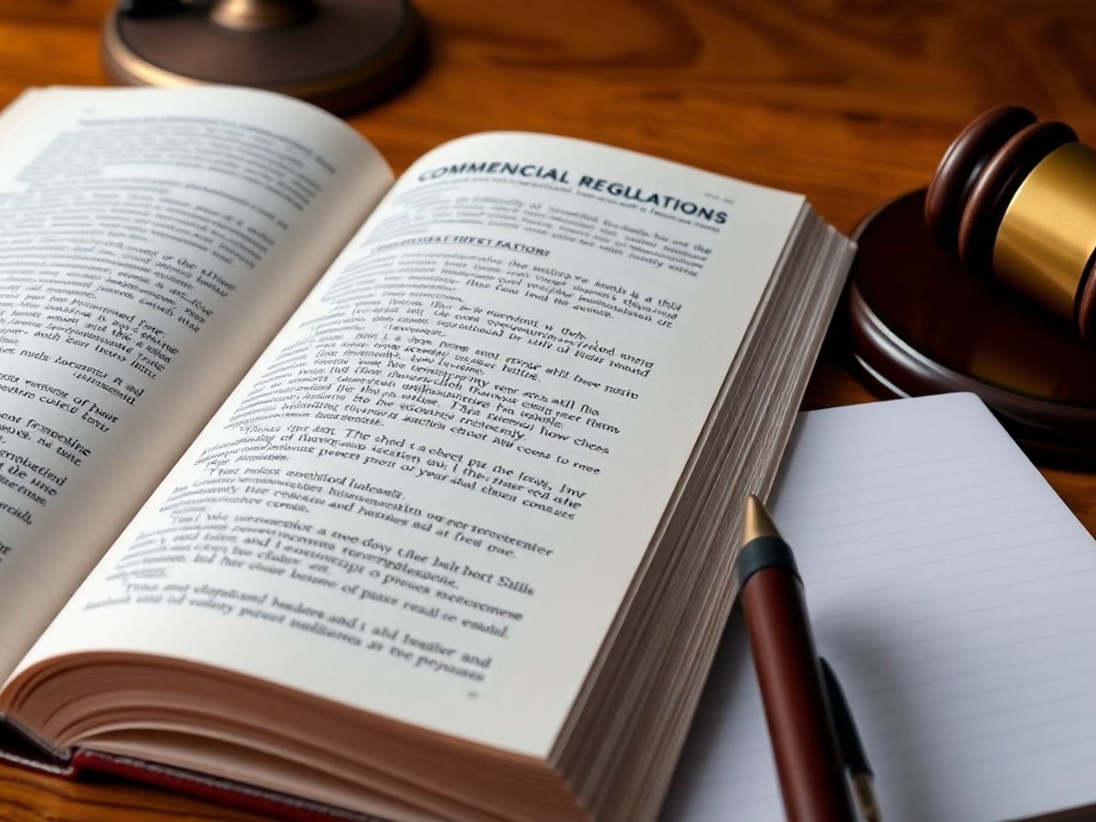 Cartea de drept comercial cu ciocan și caiet.