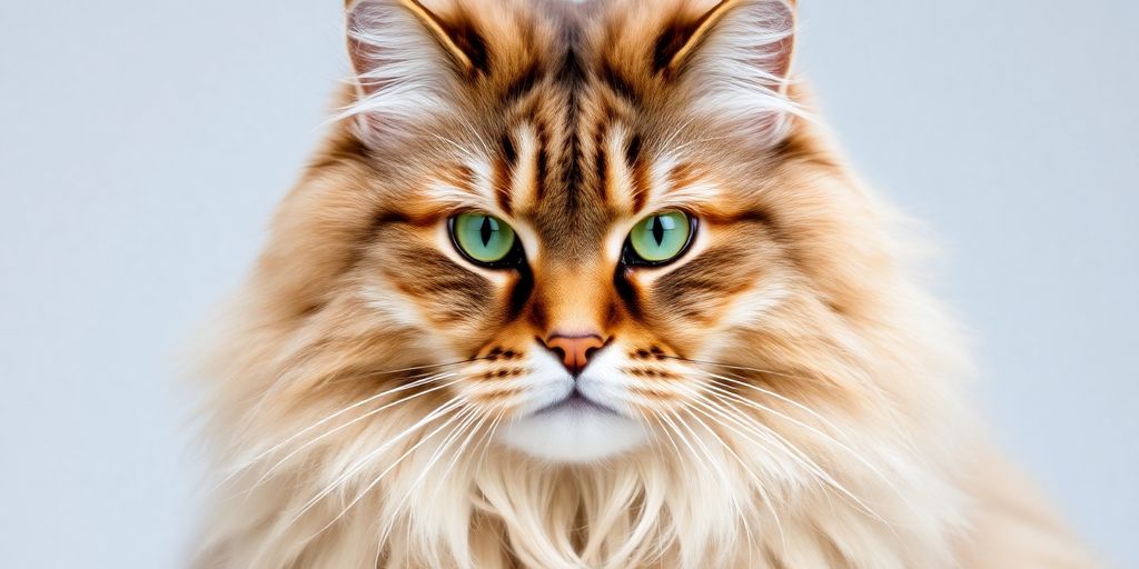 Siberian cat with thick fur and green eyes.