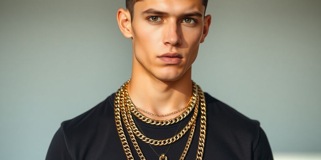 Man wearing various stylish gold and silver chains.
