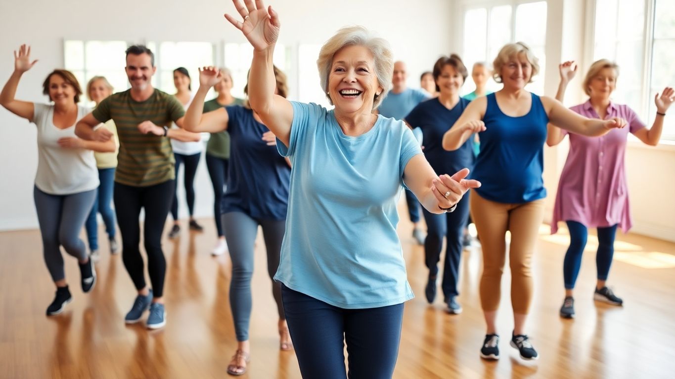 Group of diverse individuals doing low-impact aerobics together.