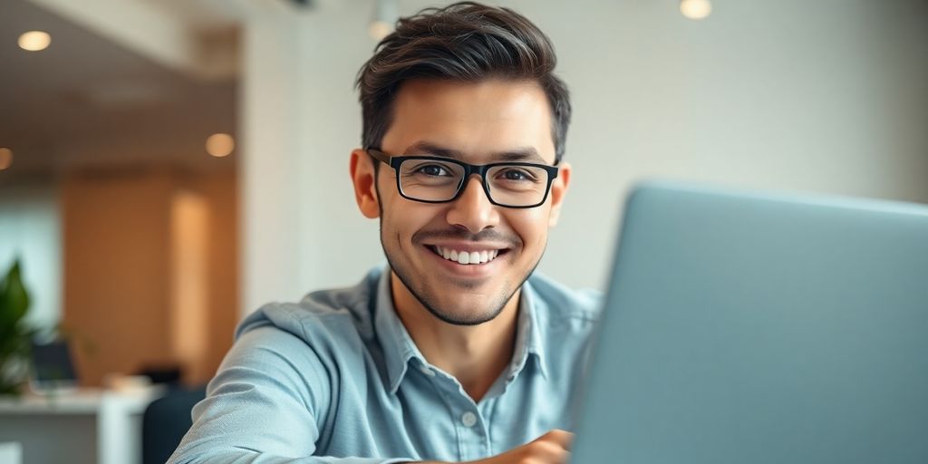 Financial planner working on a laptop, smiling.