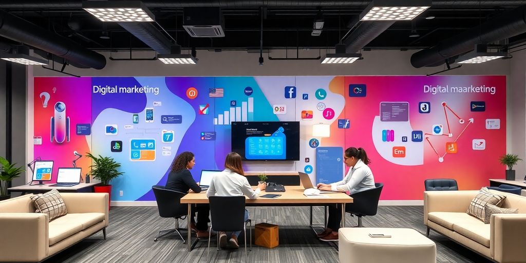 Profissionais de marketing digital em ambiente moderno.