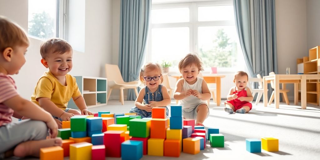 Crianças animadas brincando em creche iluminada.