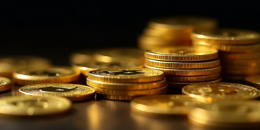 Pièces d'or empilées sur un fond sombre.