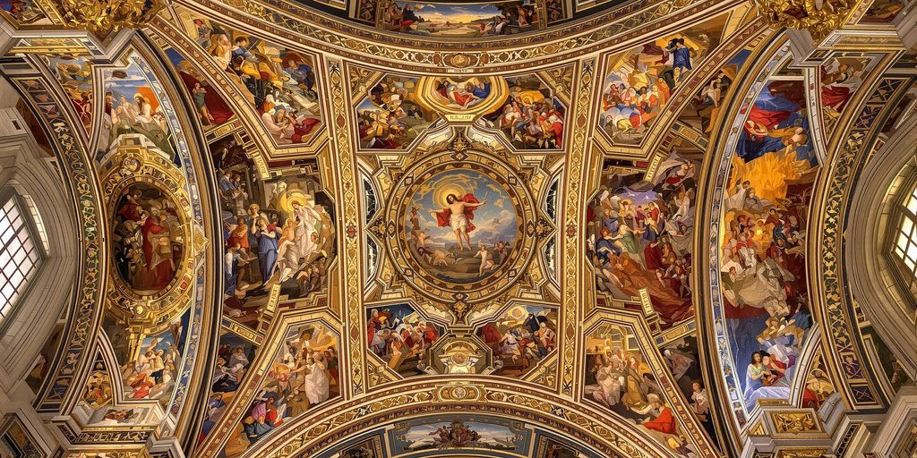 Colorful frescoes of the Sistine Chapel ceiling.