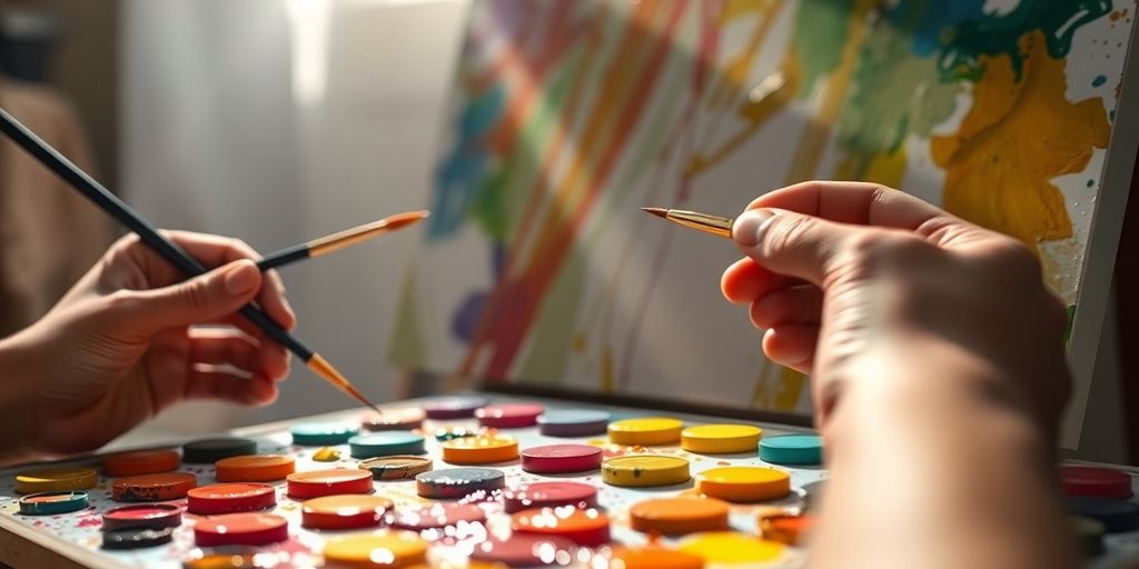 Painter mixing colors on a wooden palette.