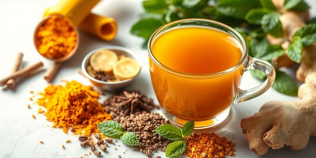 Herbal tea, spices, fresh ginger, and mint leaves.