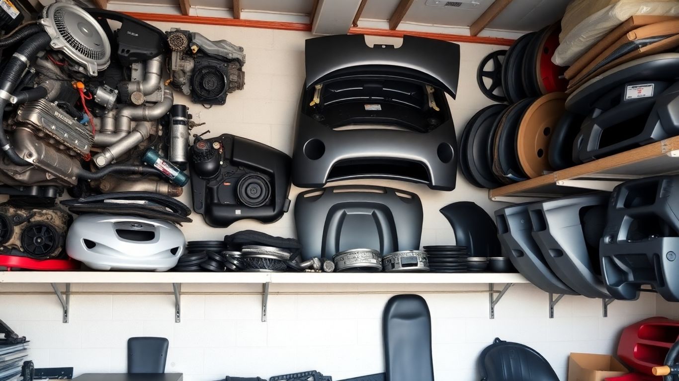 Used Nissan car parts organized in a garage.