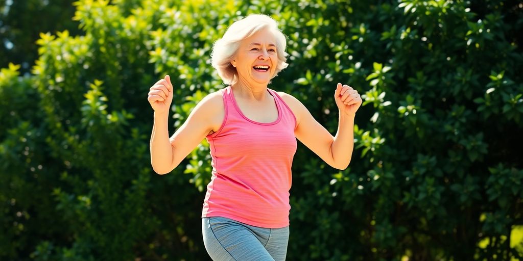Senior woman power walking outdoors, joyful.