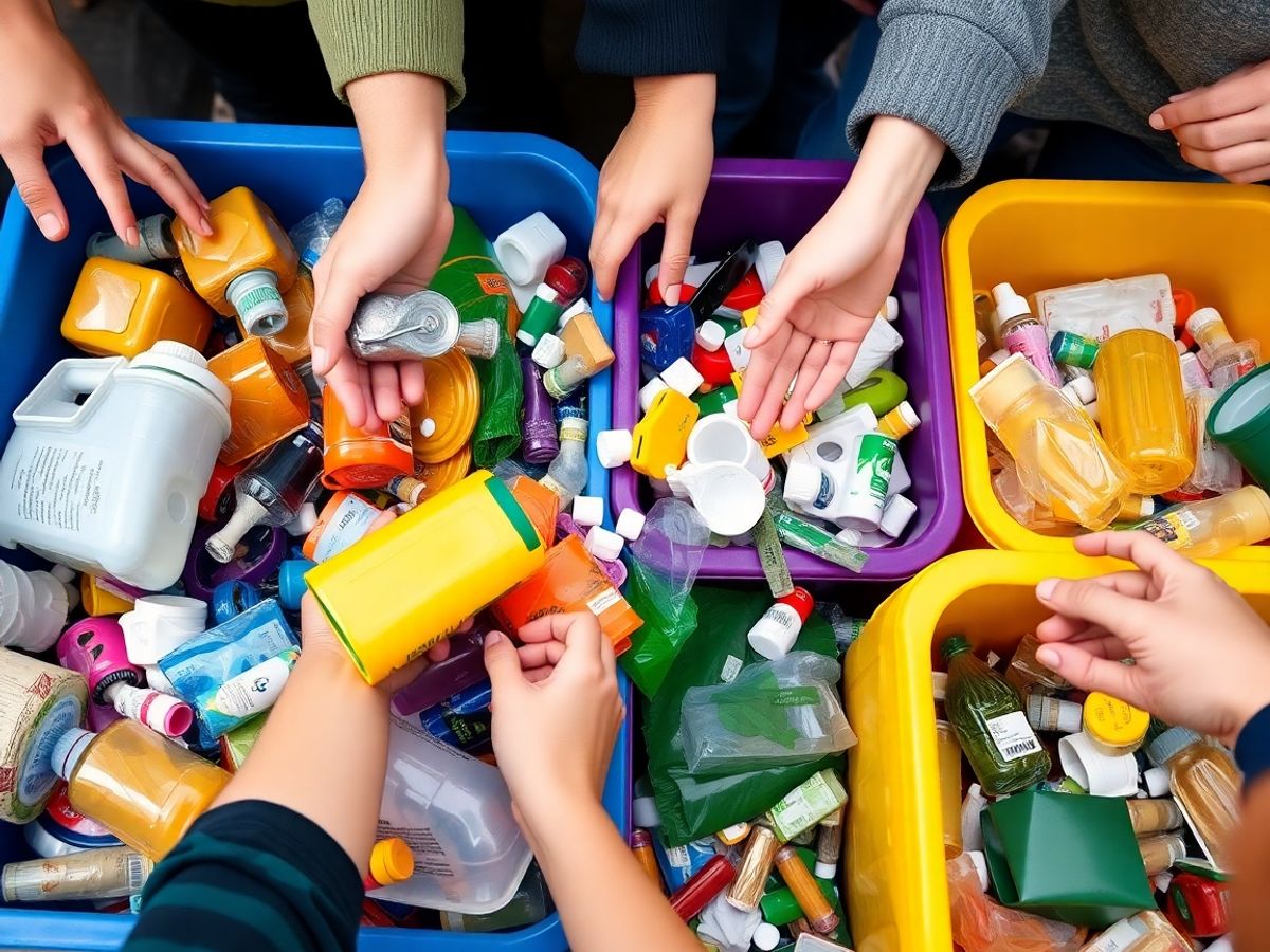 Persoane sortând materiale reciclabile în pubele colorate.