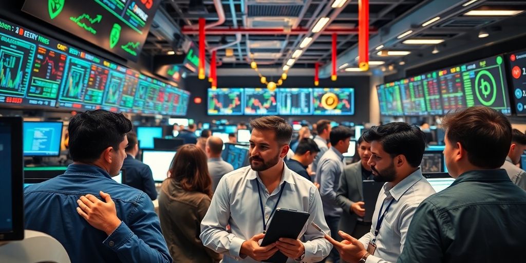 Dynamic cryptocurrency trading floor with engaged traders.