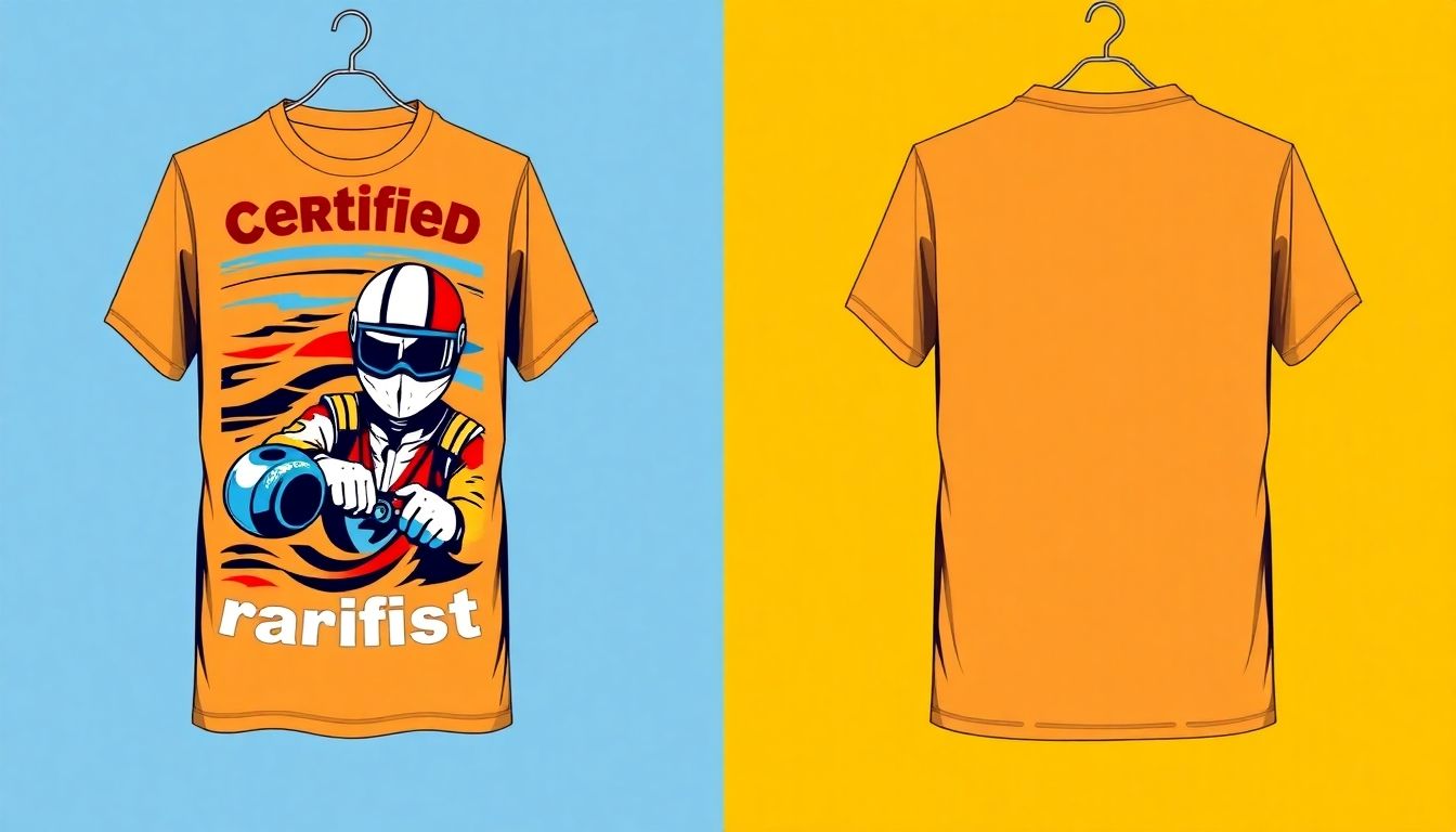 Humorous t-shirt with racing driver and controversial text.