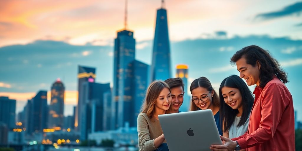 Diverse group of entrepreneurs collaborating in a modern city.