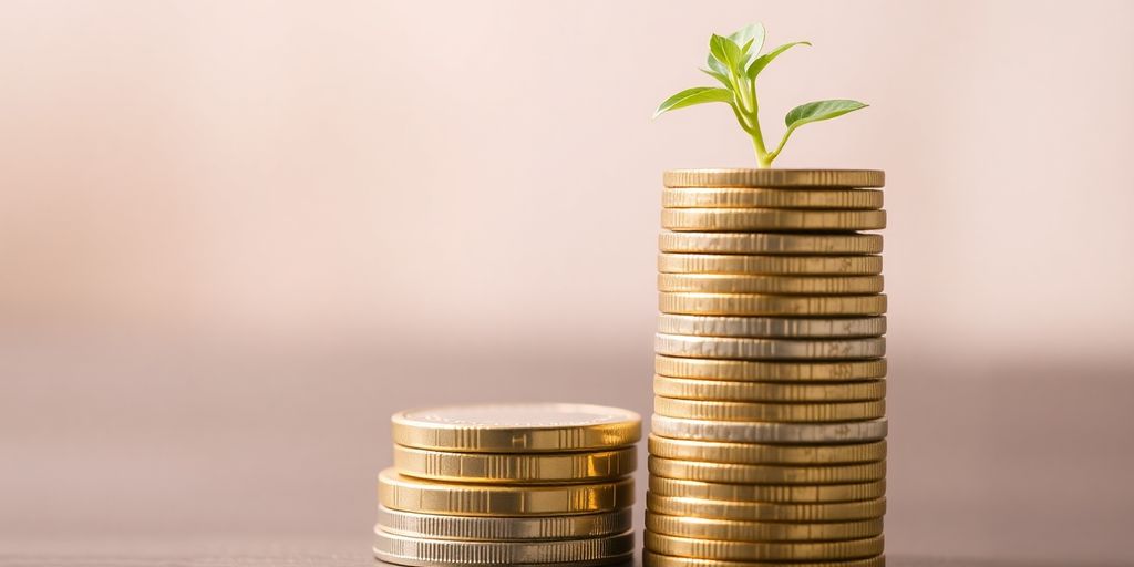 Coins stacked with a plant growing.