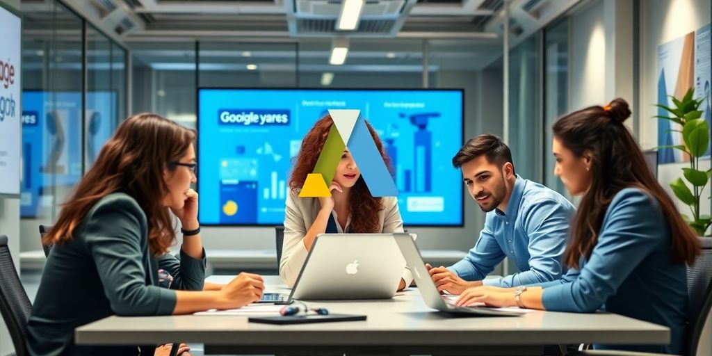 Profissionais de marketing digital em ambiente moderno.