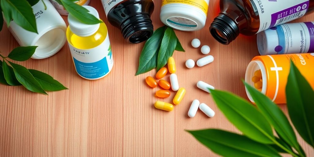 Various vitamins and supplements on a wooden surface.