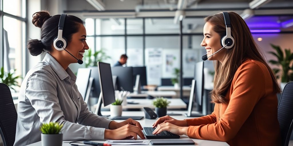Customer support representative assisting a client in an office.